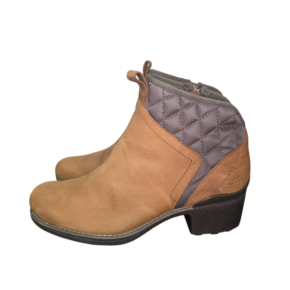 Merrell J45546 Womens 10 Waterproof Leather Ankle Boots Brown Block Heel